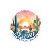 Logo for Arizona Homeschoolers featuring a colorful desert landscape with cacti, a radiant sun setting or rising, and warm orange, pink, and yellow tones evoking Arizona's natural beauty. The text 'Arizona Homeschoolers' is displayed prominently below the